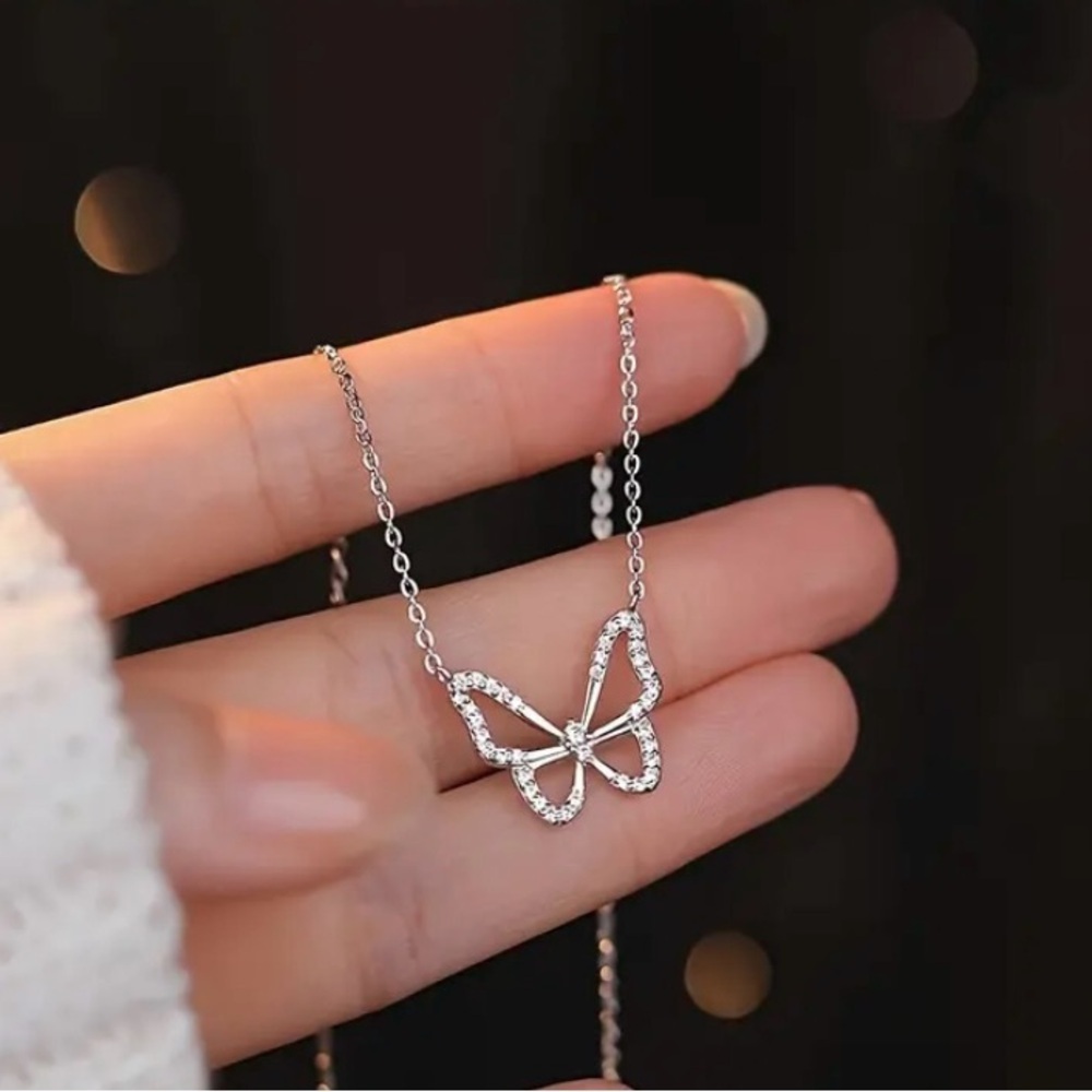 Minimalist Rhinestone Butterfly Pendant Necklace - Picture 2 of 4